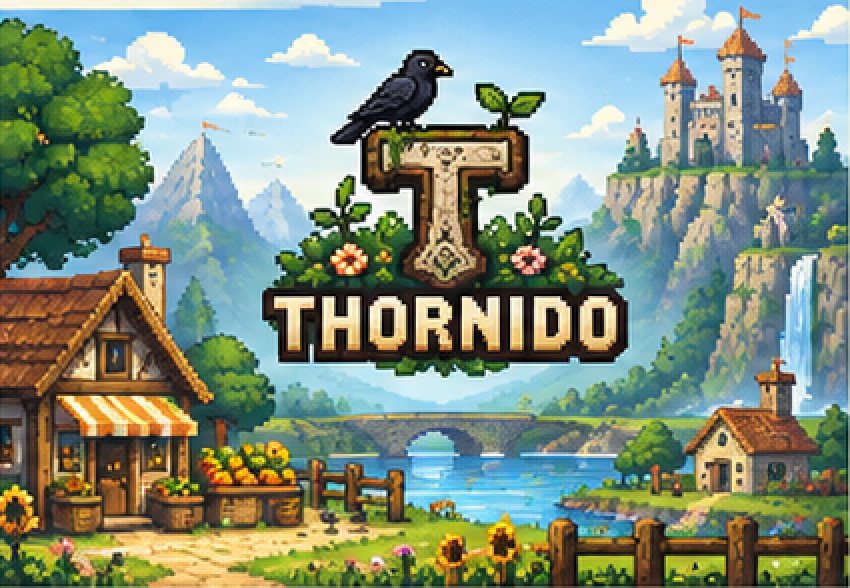 A pixel-art village by a lake, a castle on the cliff and the Thornido sign