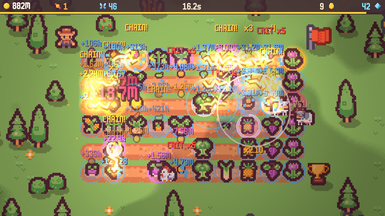 Tiny Farm: two cows and the golden Almanac trophy by the field
