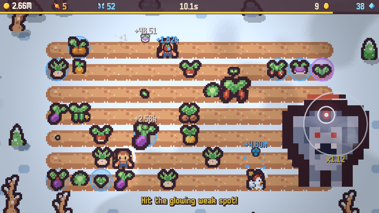 Tiny Farm: hitting a boss's glowing weak spot